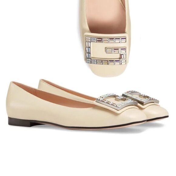 GUCCI SHOES MADELYN FLATS CRYSTAL G BUCKLE WHITE LEATHER - Picture 1 of 14